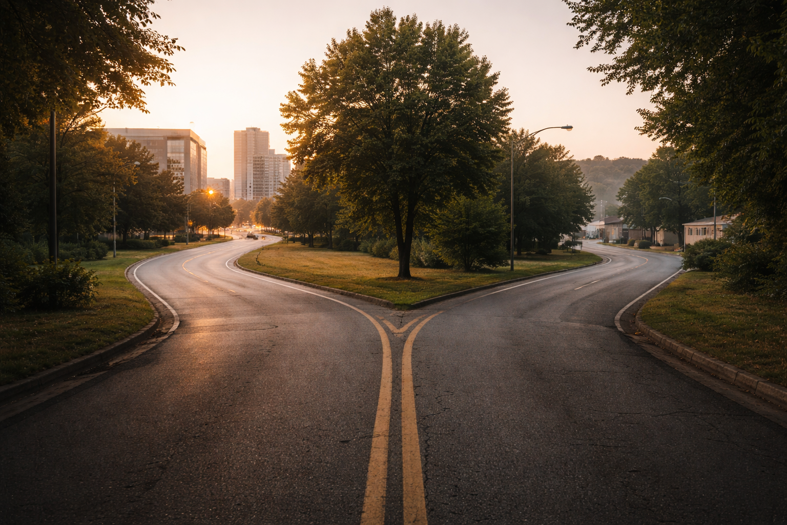 Fork in the road at dawn