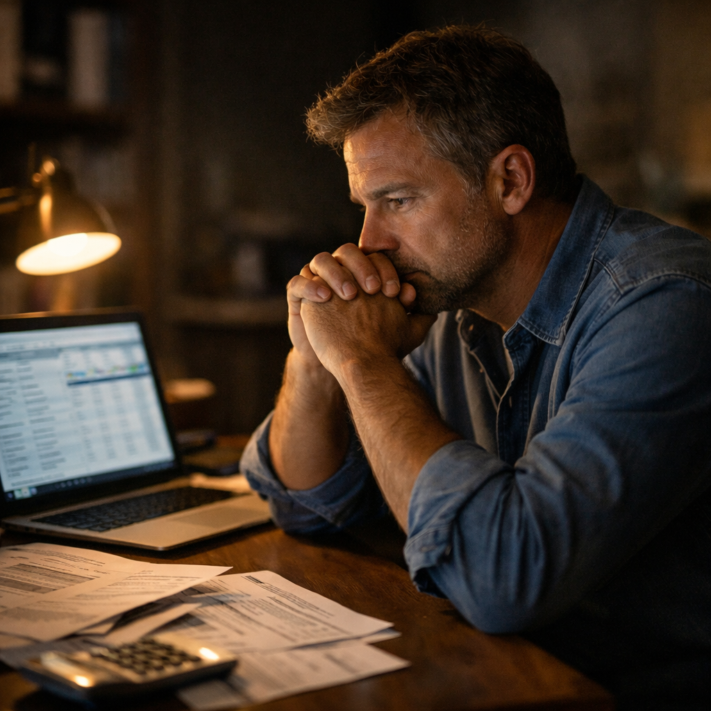 Small business owner late at night reviewing finances